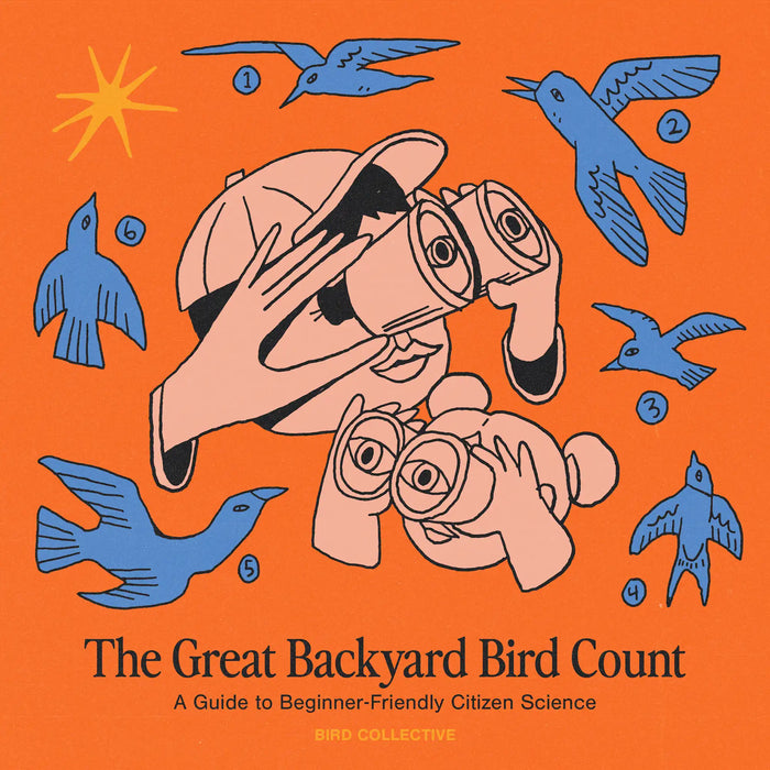 Illustration of two people birding with binoculars, surrounded by numbered blue birds on an orange background, representing the Great Backyard Bird Count and beginner-friendly citizen science.