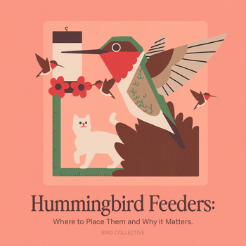 Illustration showing hummingbirds at a feeder with a cat below and a measuring frame indicating safe feeder placement.