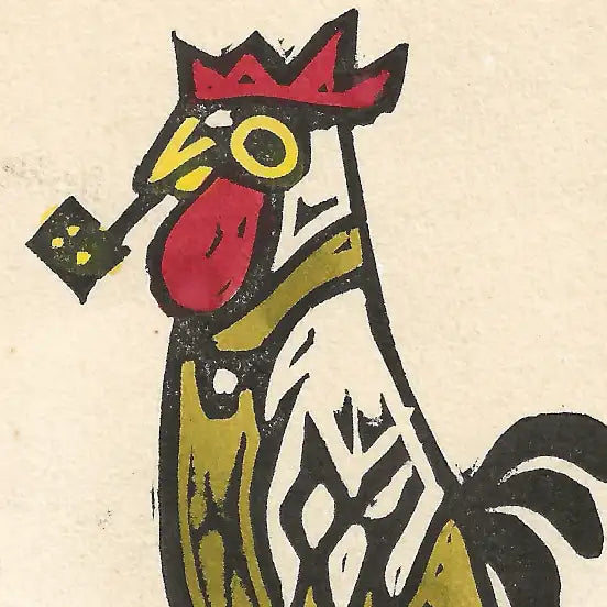 Detail of a print of rooster with a pipe and overalls