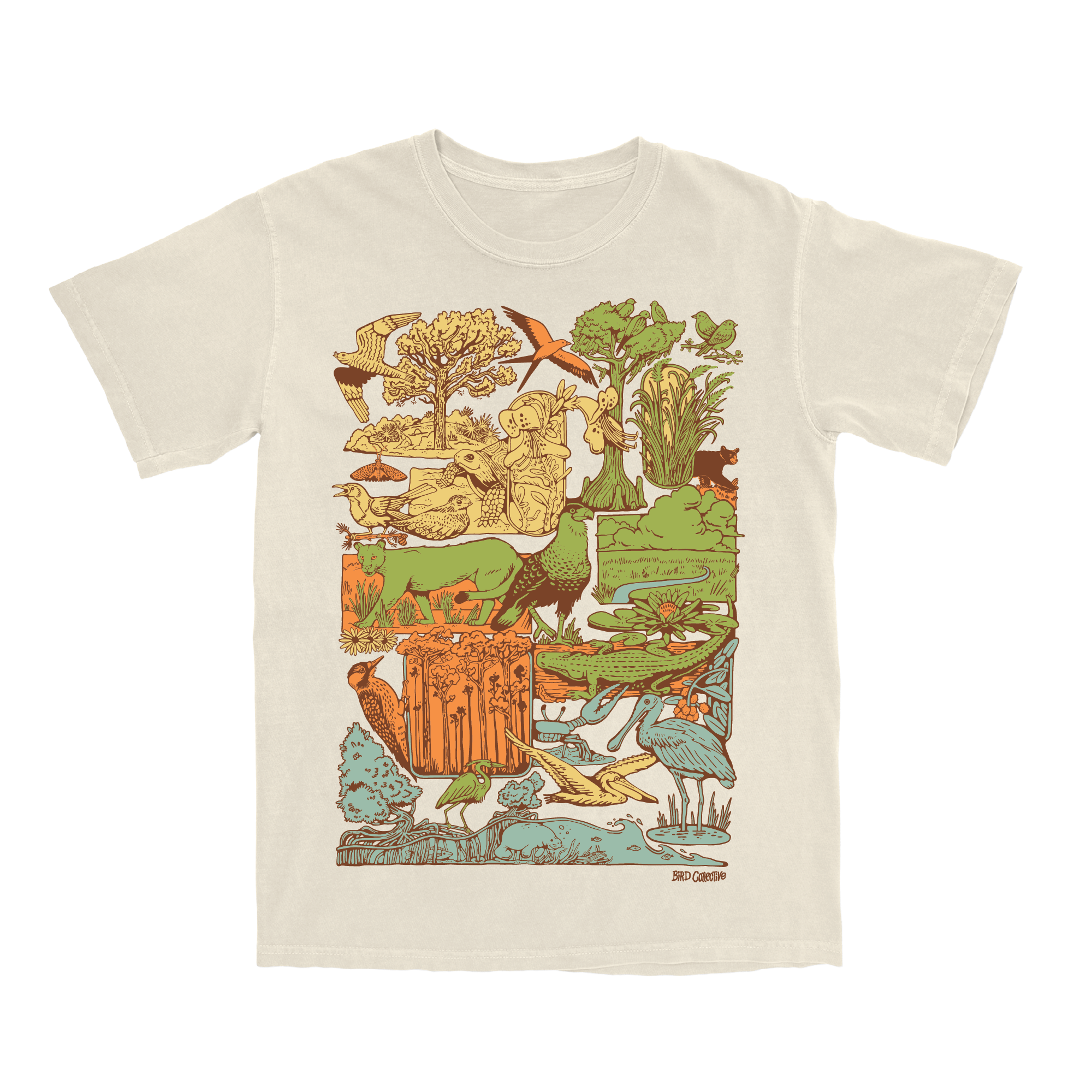 Ivory T-shirt with colorful graphic design of different Florida habitats and many iconic animal and plant species of the state.