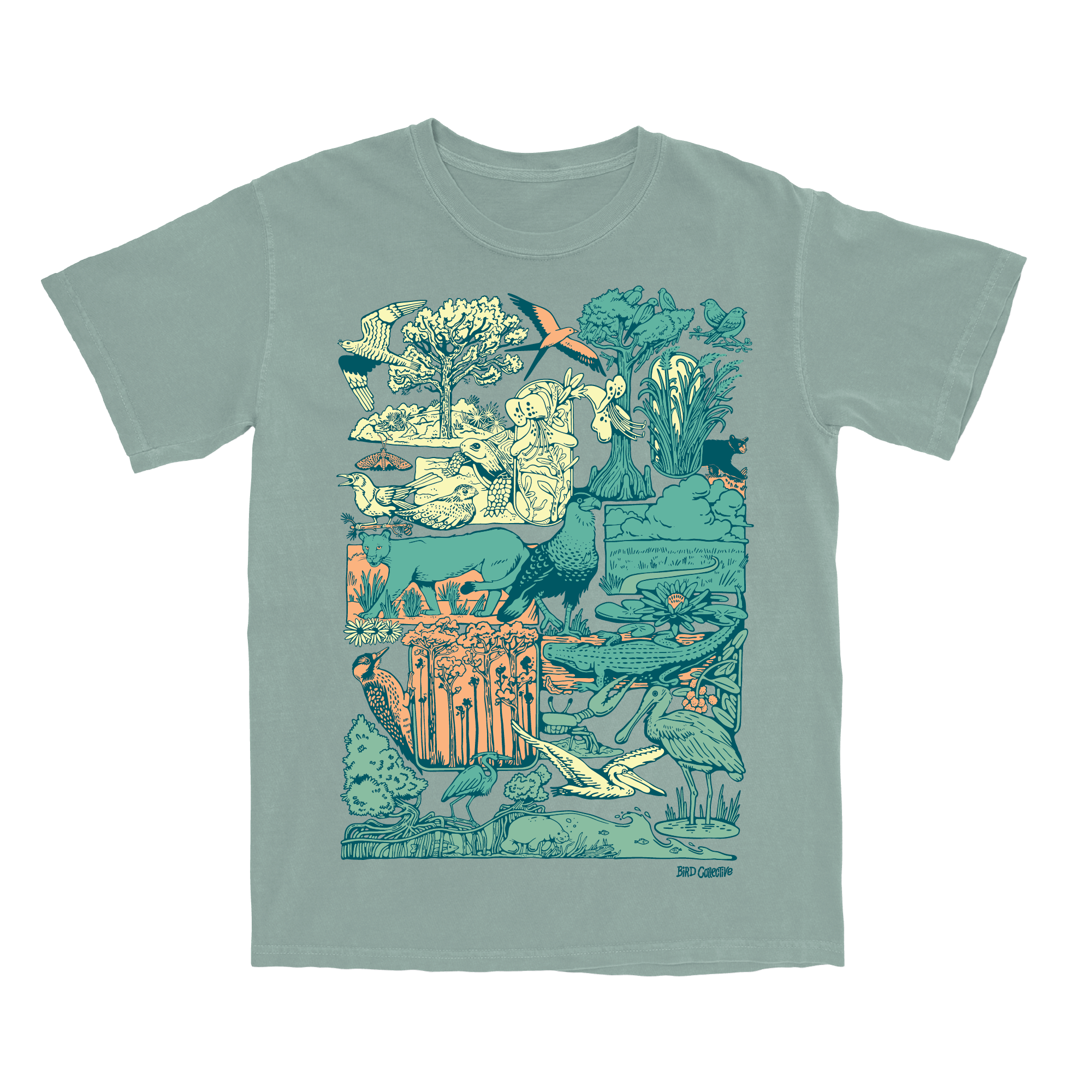 Bay T-shirt with colorful graphic design of different Florida habitats and many iconic animal and plant species of the state.