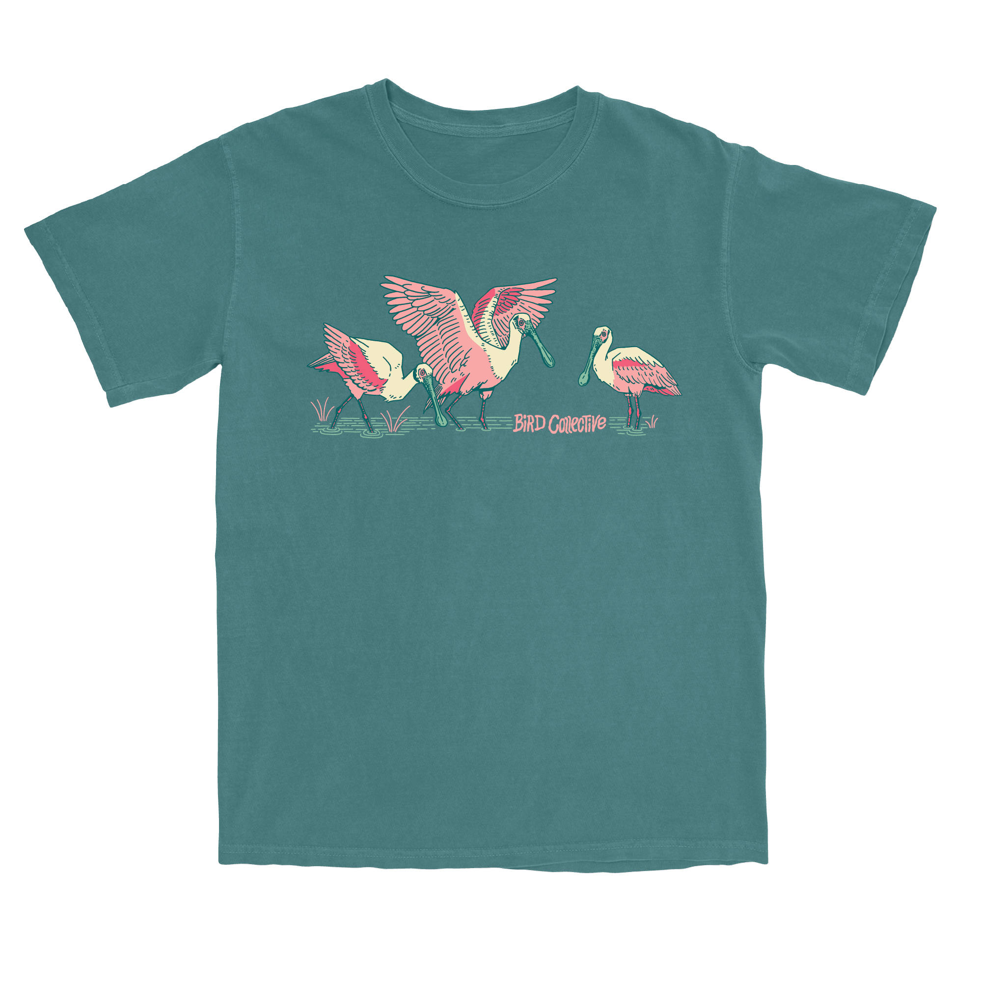 Photo of a gulf tide teal tee with three Roseate Spoonbills wading in shallow water.
