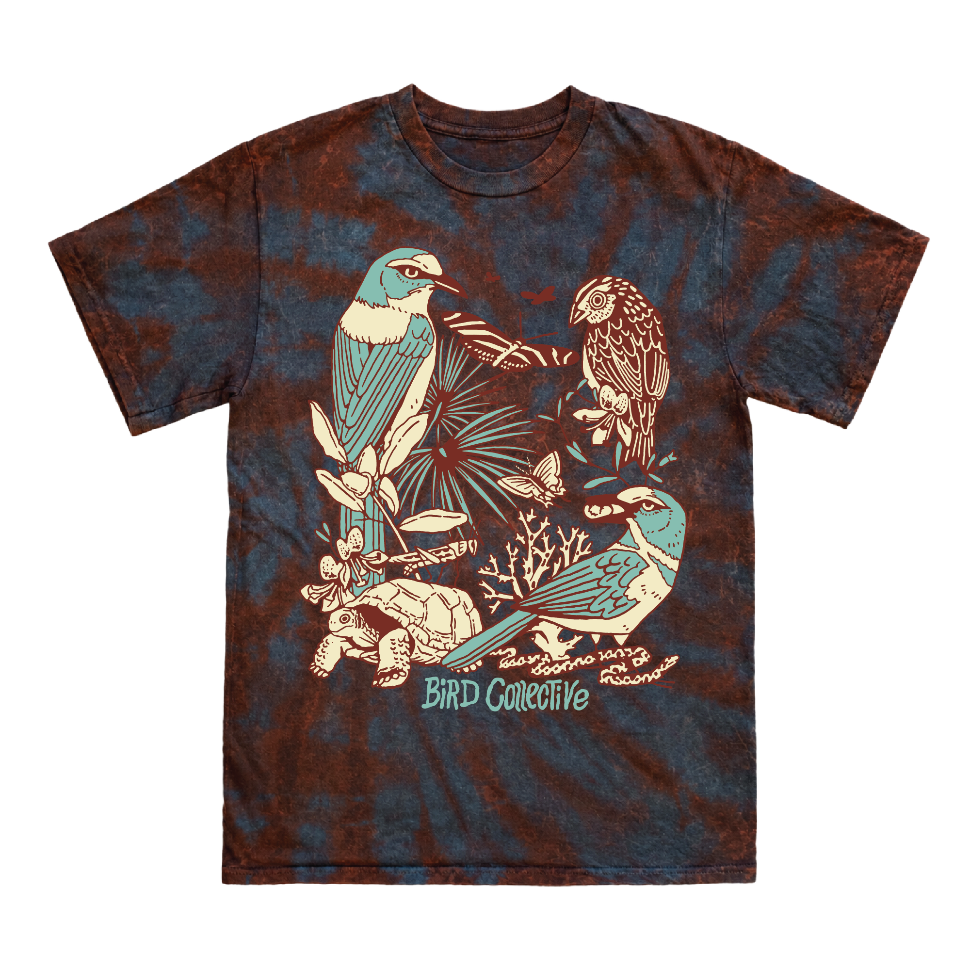 Sunset hurricane tie dye tee in maroon and dark teal tones with a bold graphic design featuring three birds, a tortoise, a snake, and several insects and plants--all native to Florida.