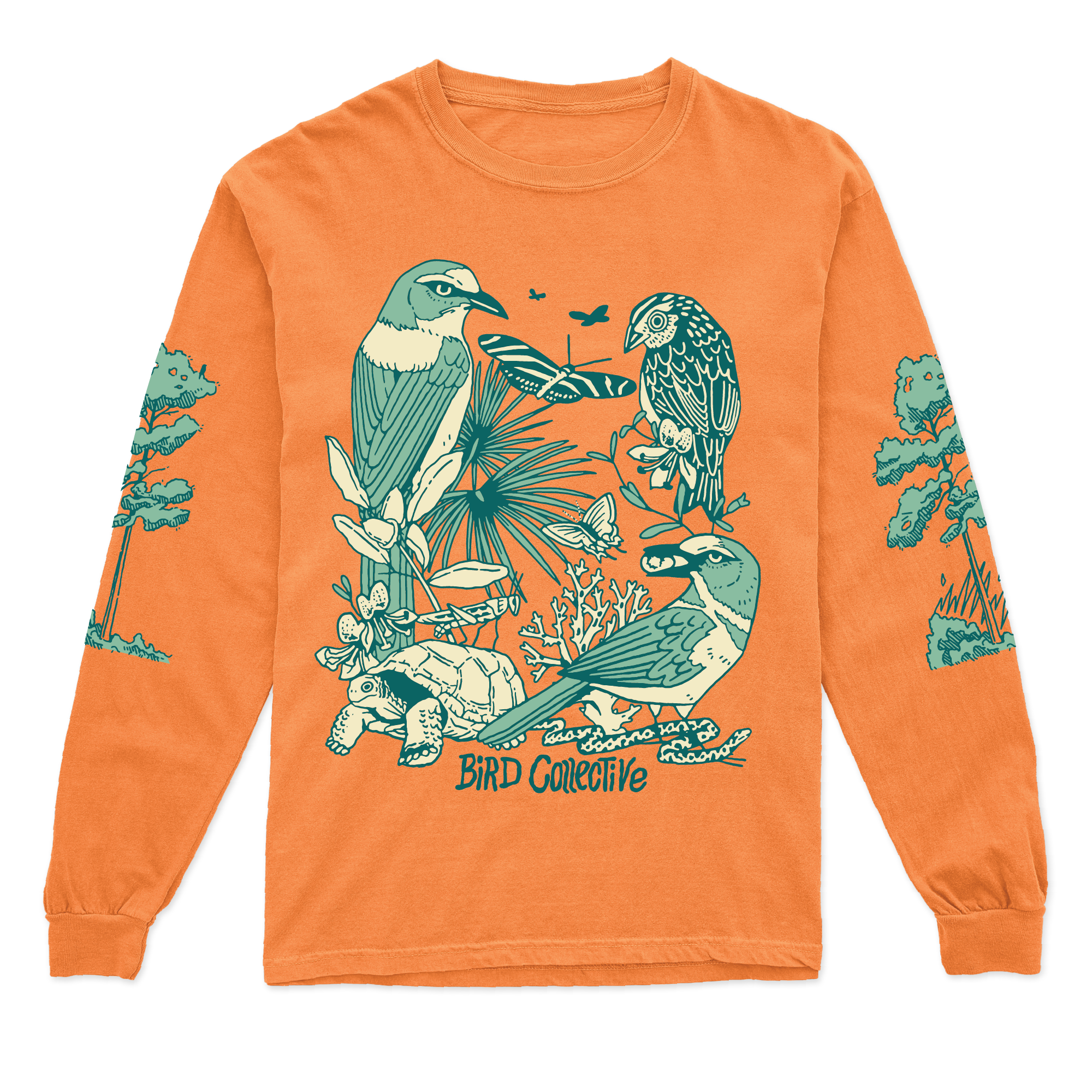 Photo of an orange long sleeve tee featuring a blue-green and ivory graphic with two Florida Scrub Jay, a Grasshopper Sparrow and Gopher Tortoise surrounded by several plants and insects. Each tee has a slash pine printed along its length. 