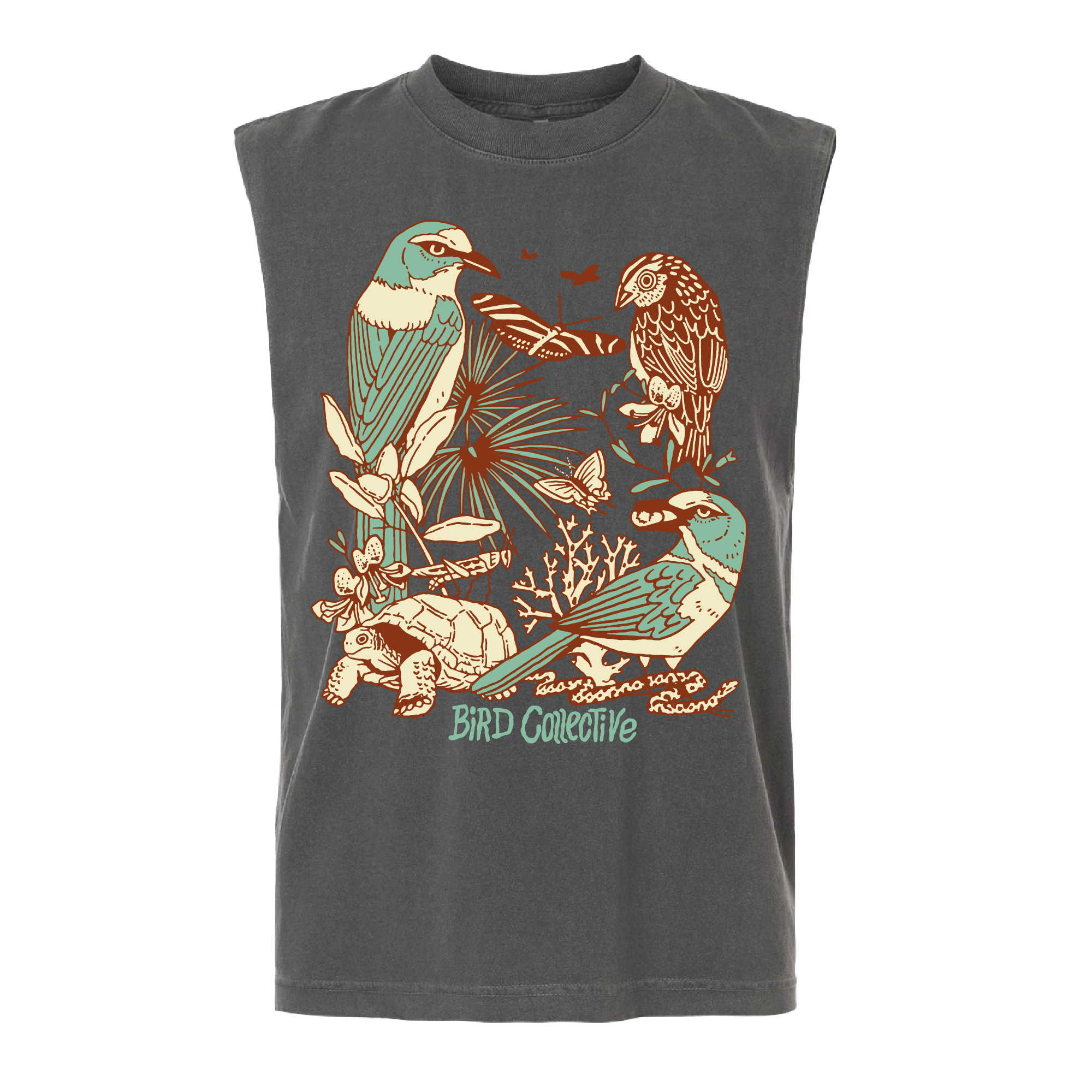 Pepper tank with a bold graphic in maroon, teal, and cream featuring three birds, a tortoise, a snake, and several insects and plants--all native to Florida.