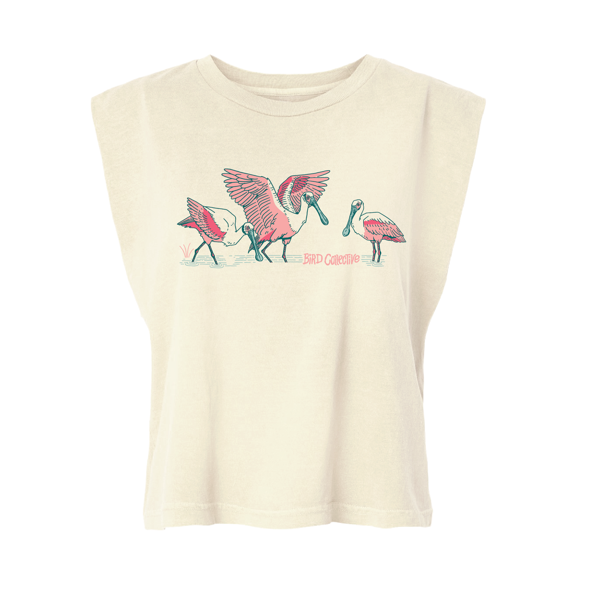 Photo of an ivory boxy muscle tank with illustration of three pink Roseate Spoonbills wading in shallow wetlands.