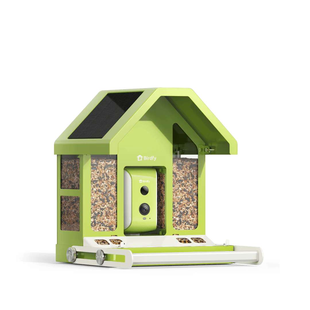 Smart bird feeder featuring a metal body, solar panel, and 1080p camera.