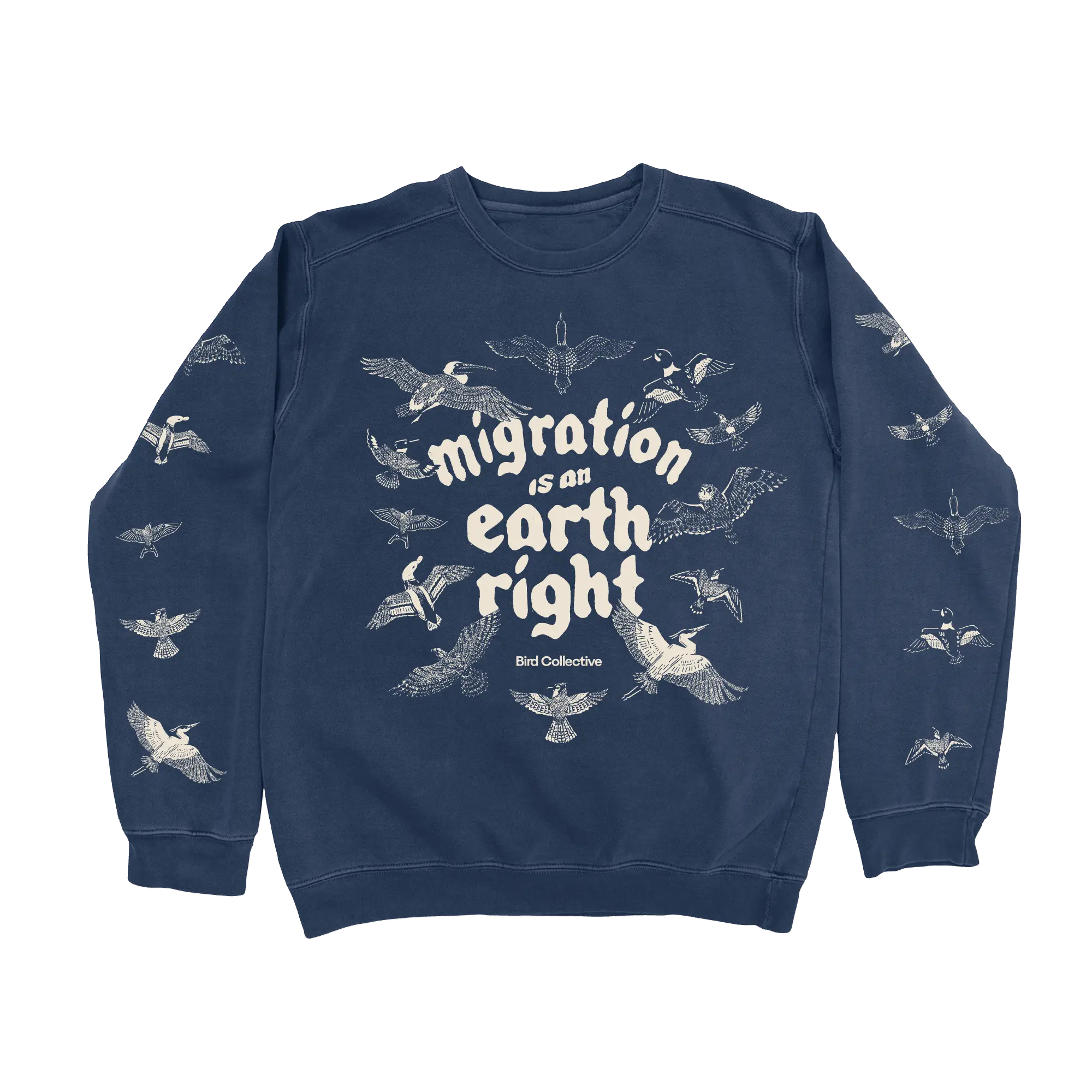 Navy sweatshirt featuring the words 