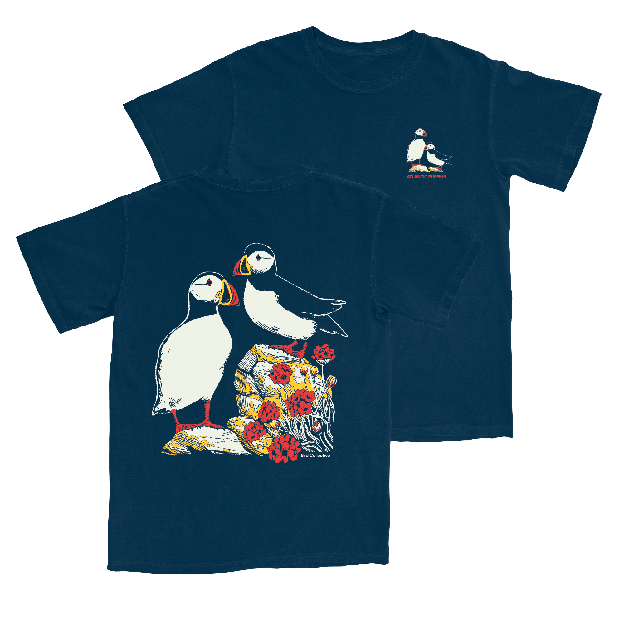 Bird Collective navy T-shirt with a pair of Atlantic Puffins perched on rocks with sea pink flowers.