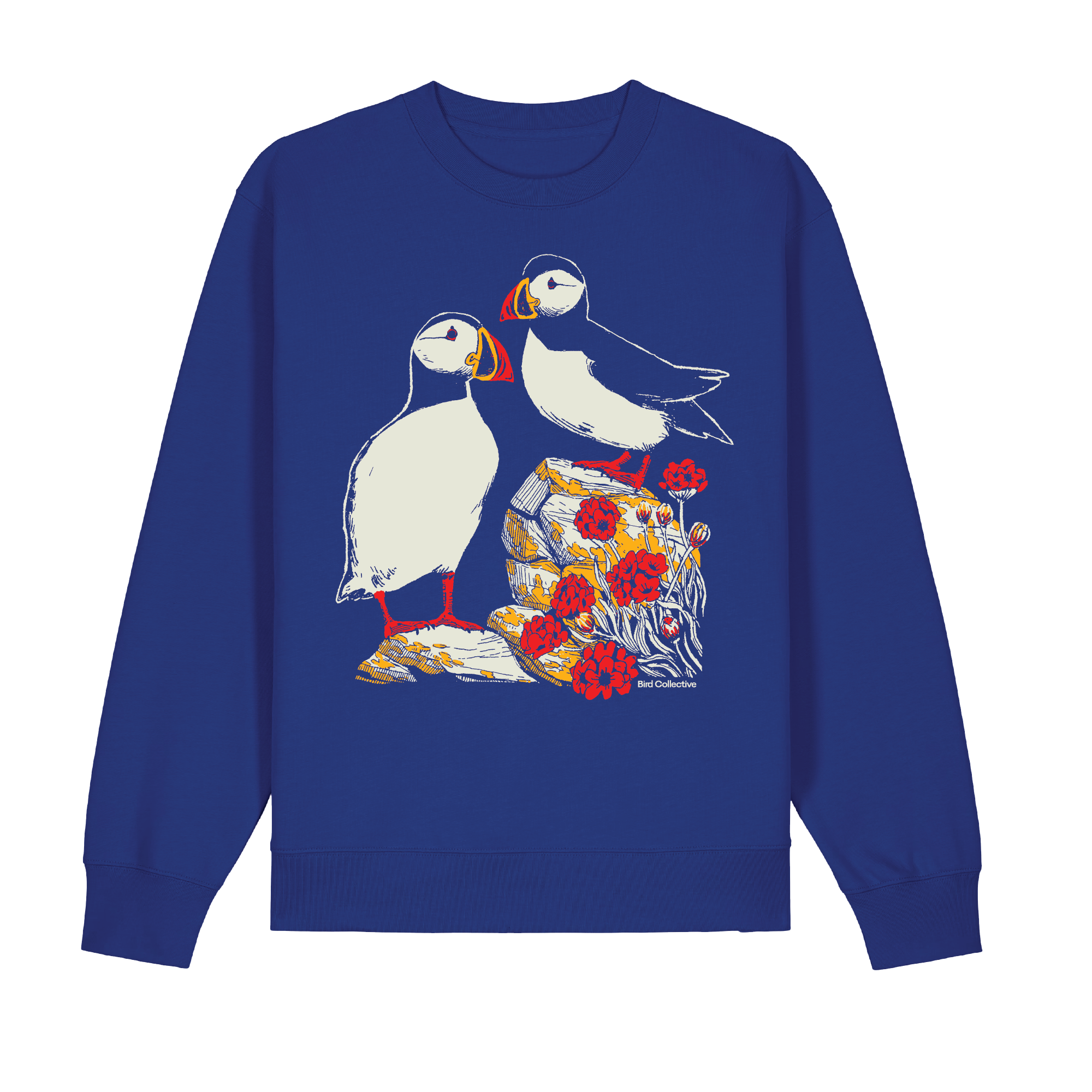 Royal blue sweatshirt featuring a pair of Atlantic Puffins amidst coastal rocks and wildflowers.
