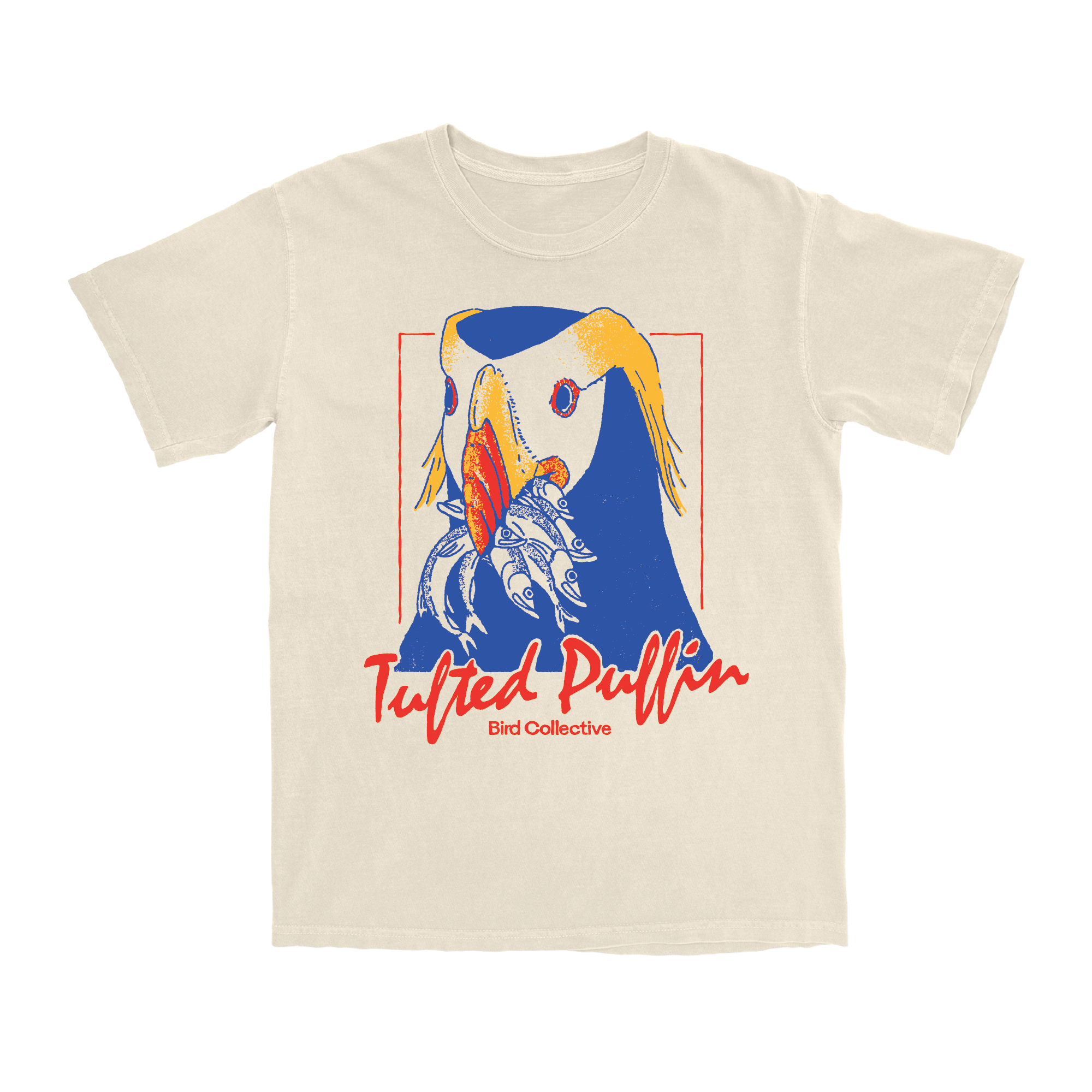 Bird Collective graphic tee in ivory featuring a Tufted Puffin with a bill full of fish.