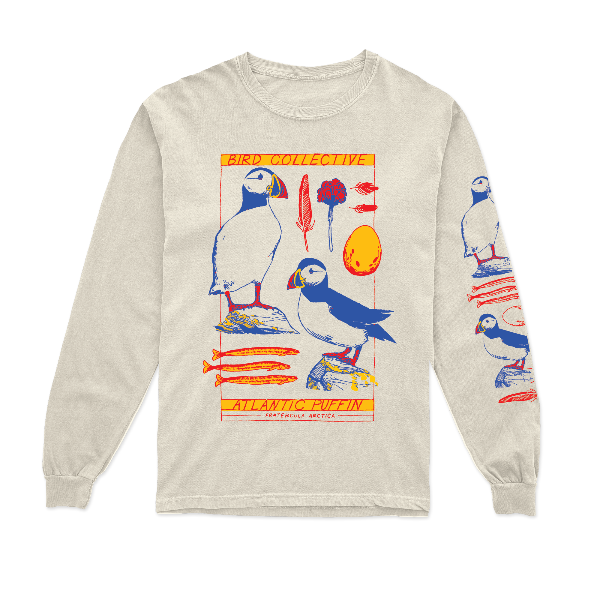 Bird Collective graphic long sleeve tee in ivory featuring illustration of puffins surrounded by elements of their habitat and lifecycle: feathers, fish, flowers, and an egg. The sleeve print features a similar illustration.