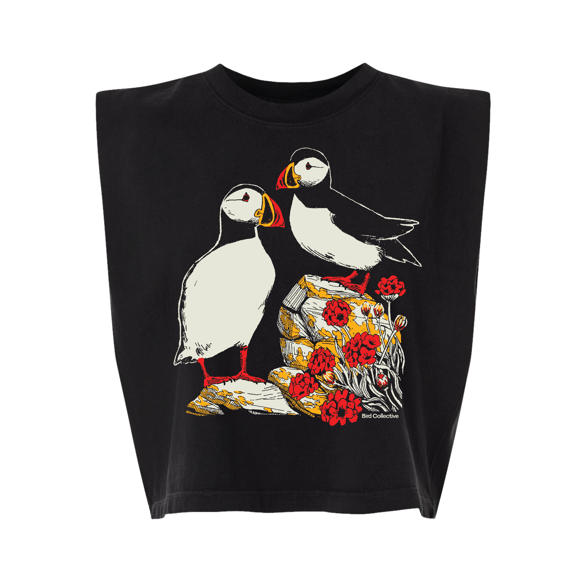 Bird Collective black graphic tank with two Atlantic Puffins standing on rocks with wildflowers.