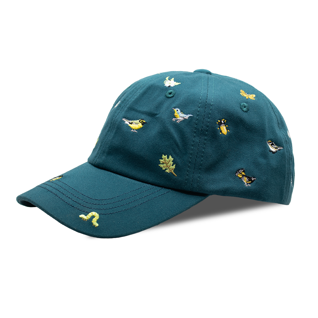 Teal cap with embroidered warbler bird designs on a white background