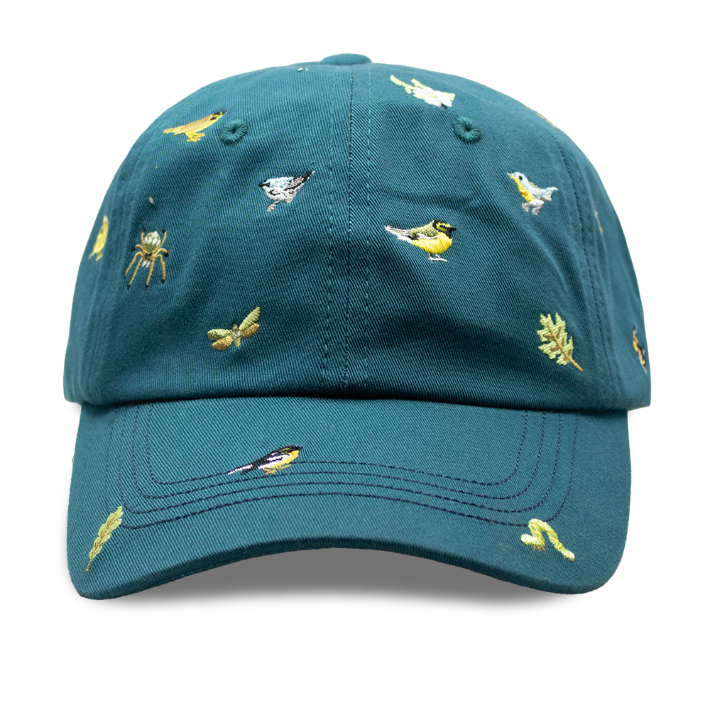 Teal cap with warbler songbirds, leaf and insect patterns on a white background.