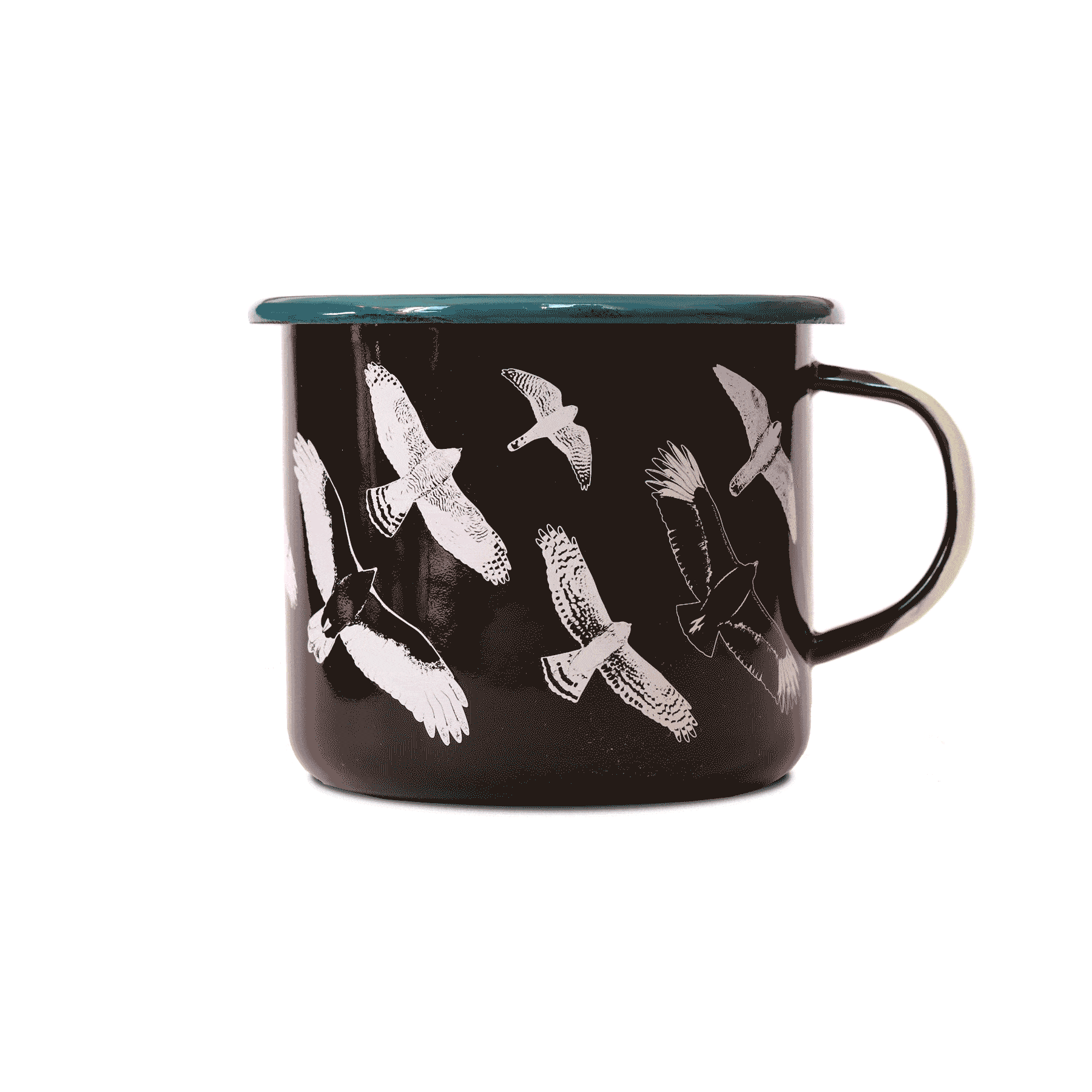 Bird Collective black enamel mug with white hawks in flight.