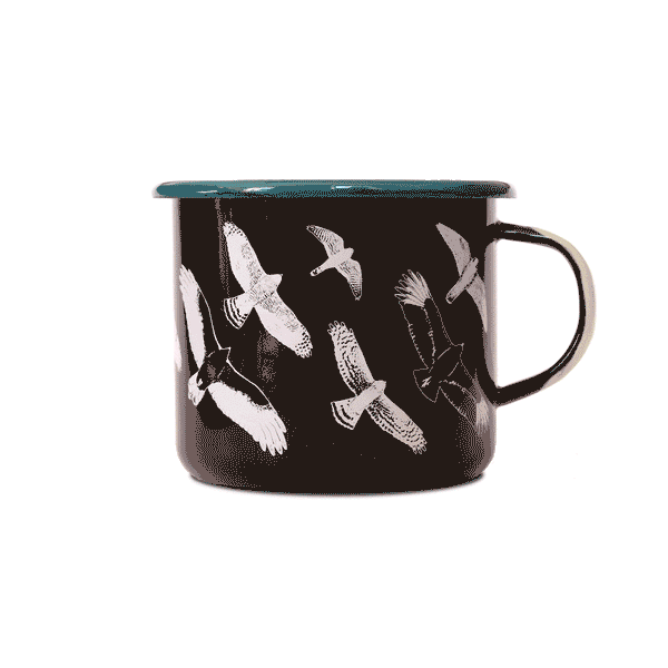 Bird Collective black enamel mug with white hawks in flight.