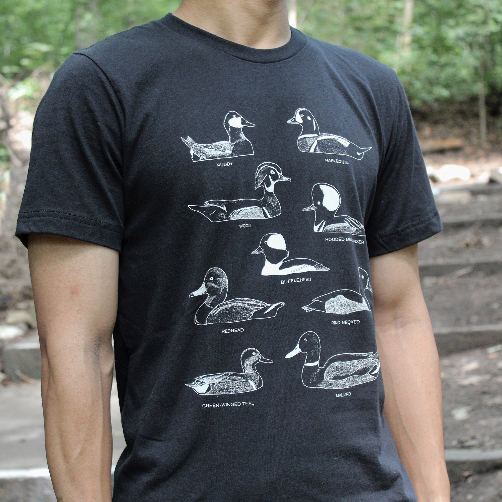 Bird Collective Ducks T-shirt in black with a variety of duck species of North America