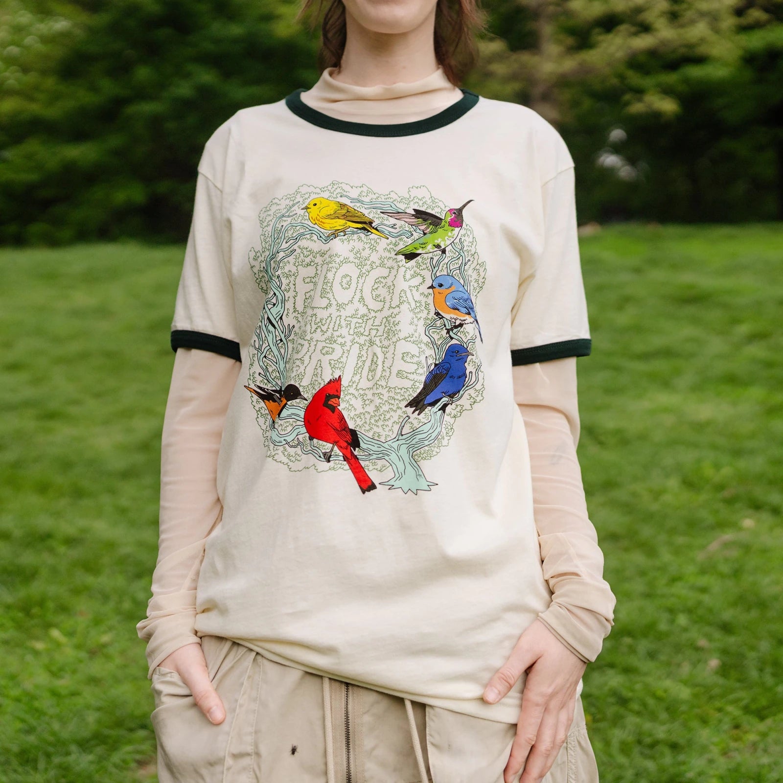 Bird Collective - Flock With Pride Ringer Tee - XS - Ivory