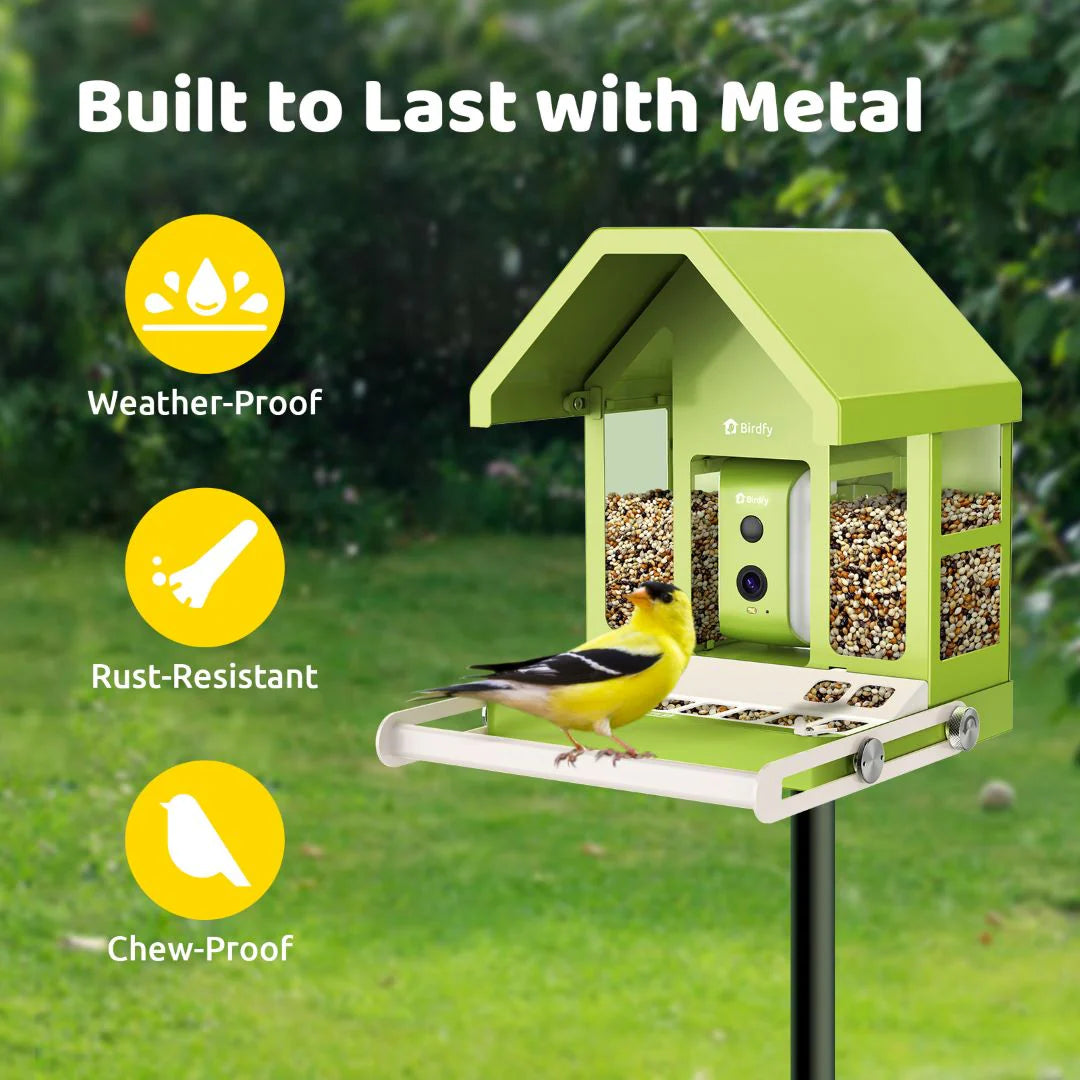 Smart bird feeder featuring a metal body, solar panel, and 1080p camera.