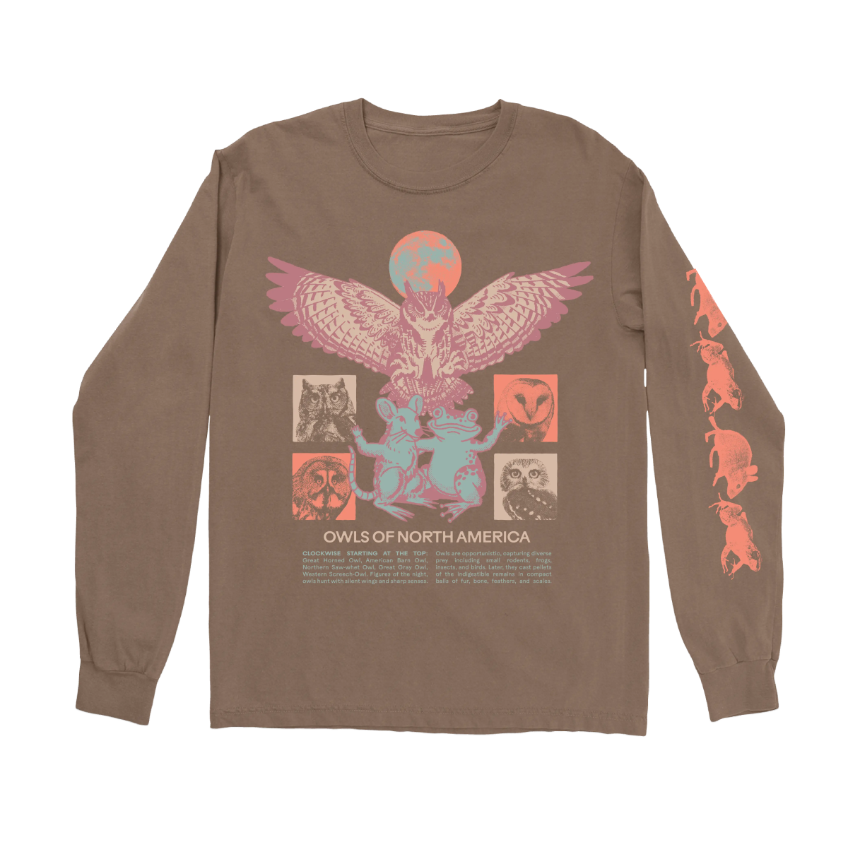 Bird Collective - Owls of North America Long Sleeve Tee - S - Brown