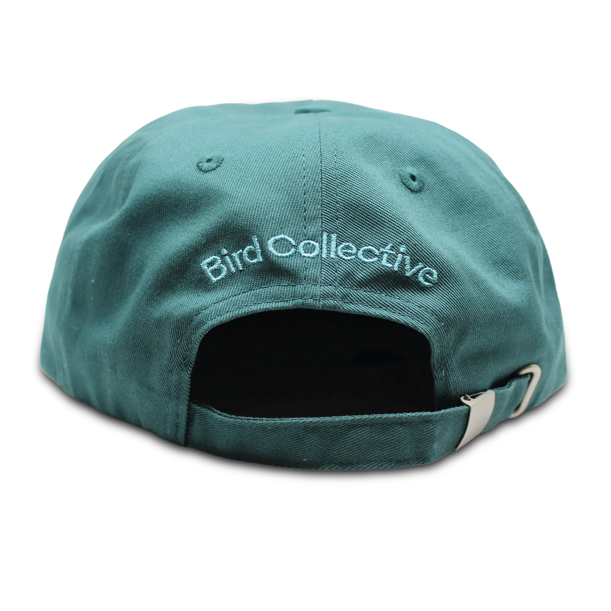 Back of a teal cap with 'Bird Collective' logo embroidered on the back.