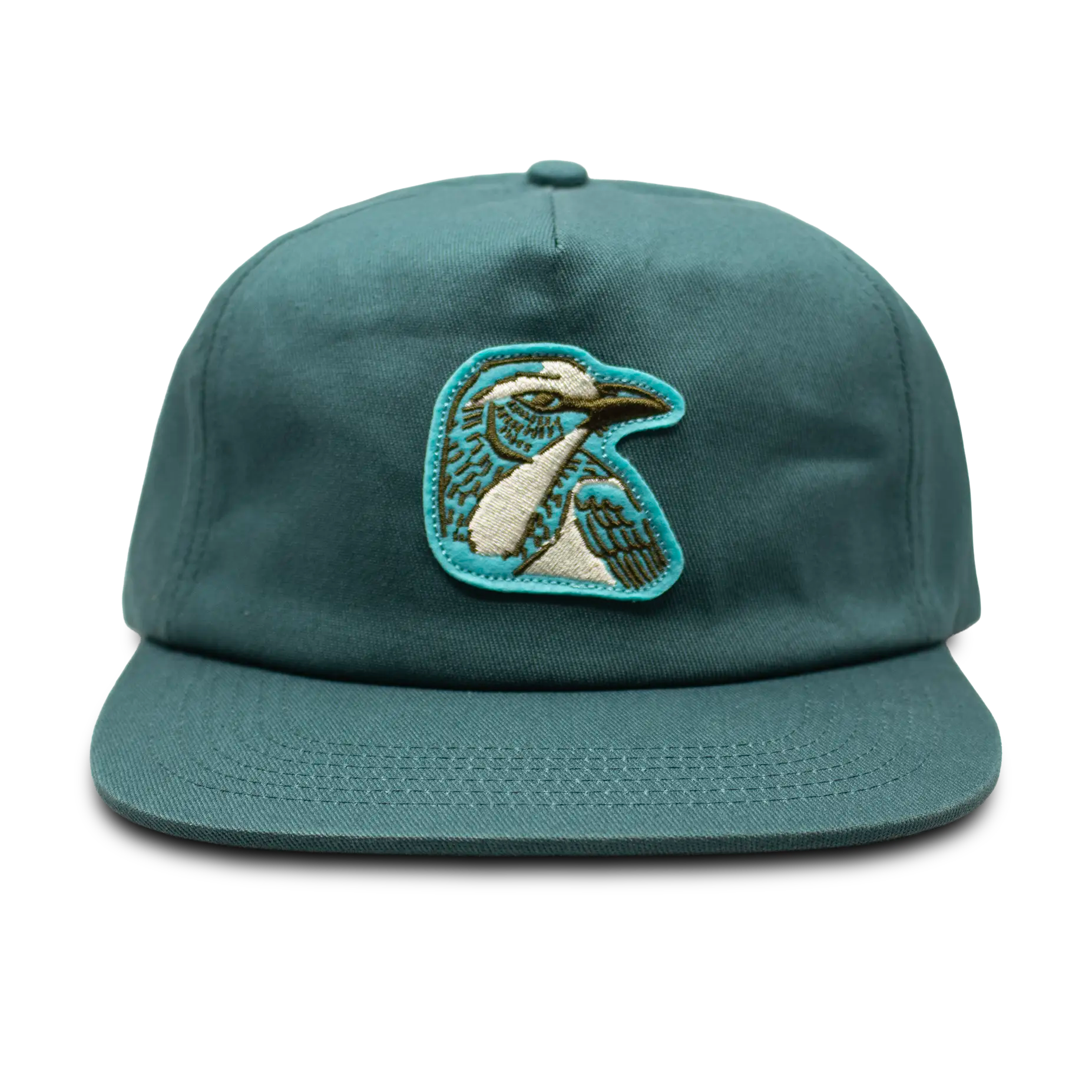 Teal cap with a patch of a Florida Scrub-Jay in blue, white and dark brown, sewn on to the front. 