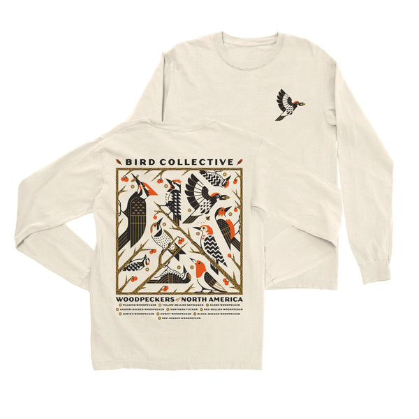 Bird Collective - Woodpeckers of North America Long Sleeve T-Shirt - S - Vintage White