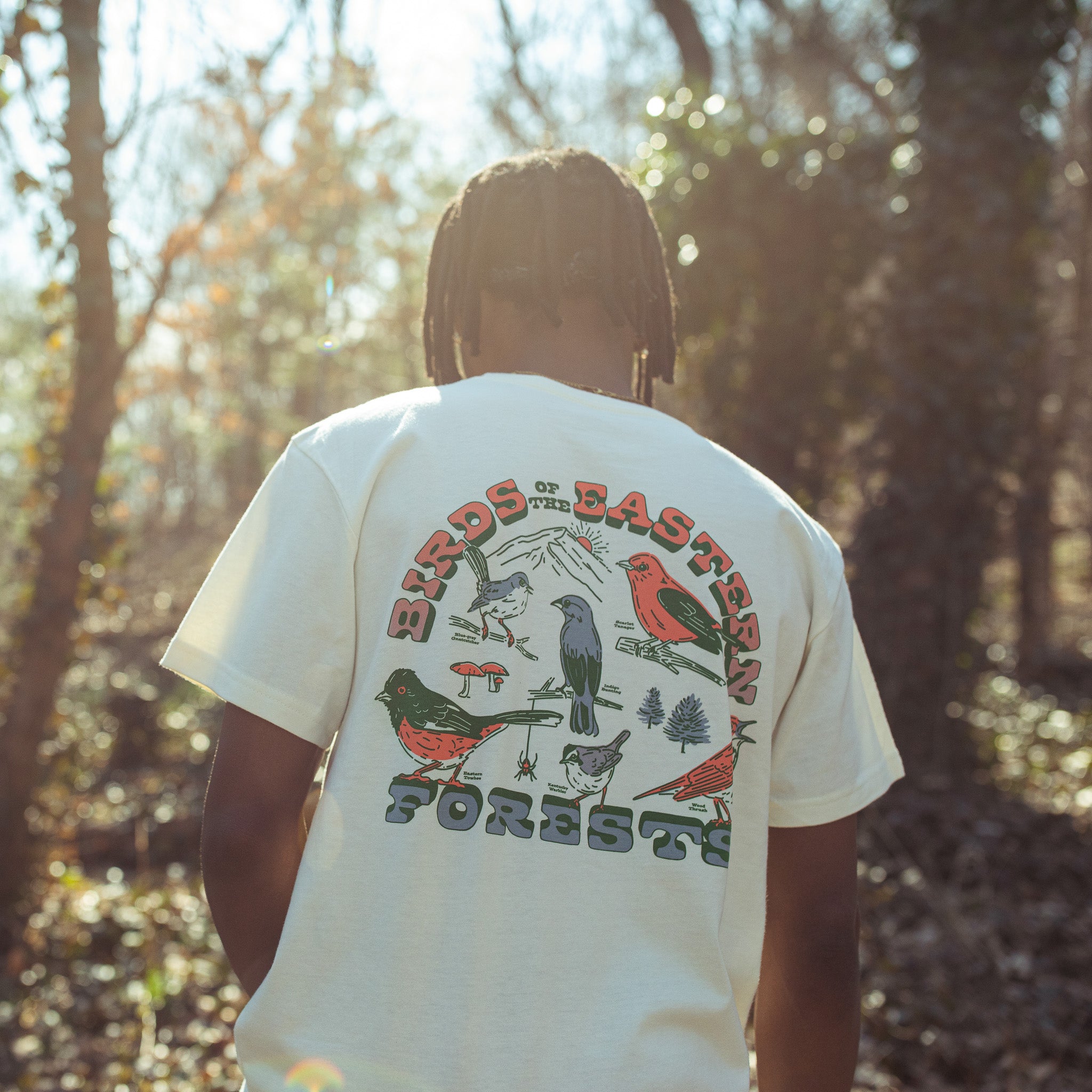 Photo of a man wearing a Bird Collective Birds of the Eastern Forests T-Shirt